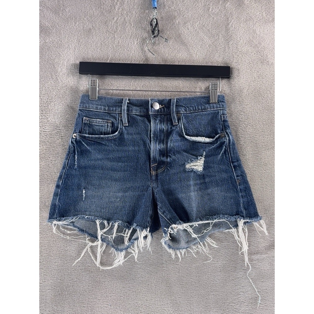 FRAME Le Brigette Shorts Womens Size 24 Blue Distressed Raw Hem Denim